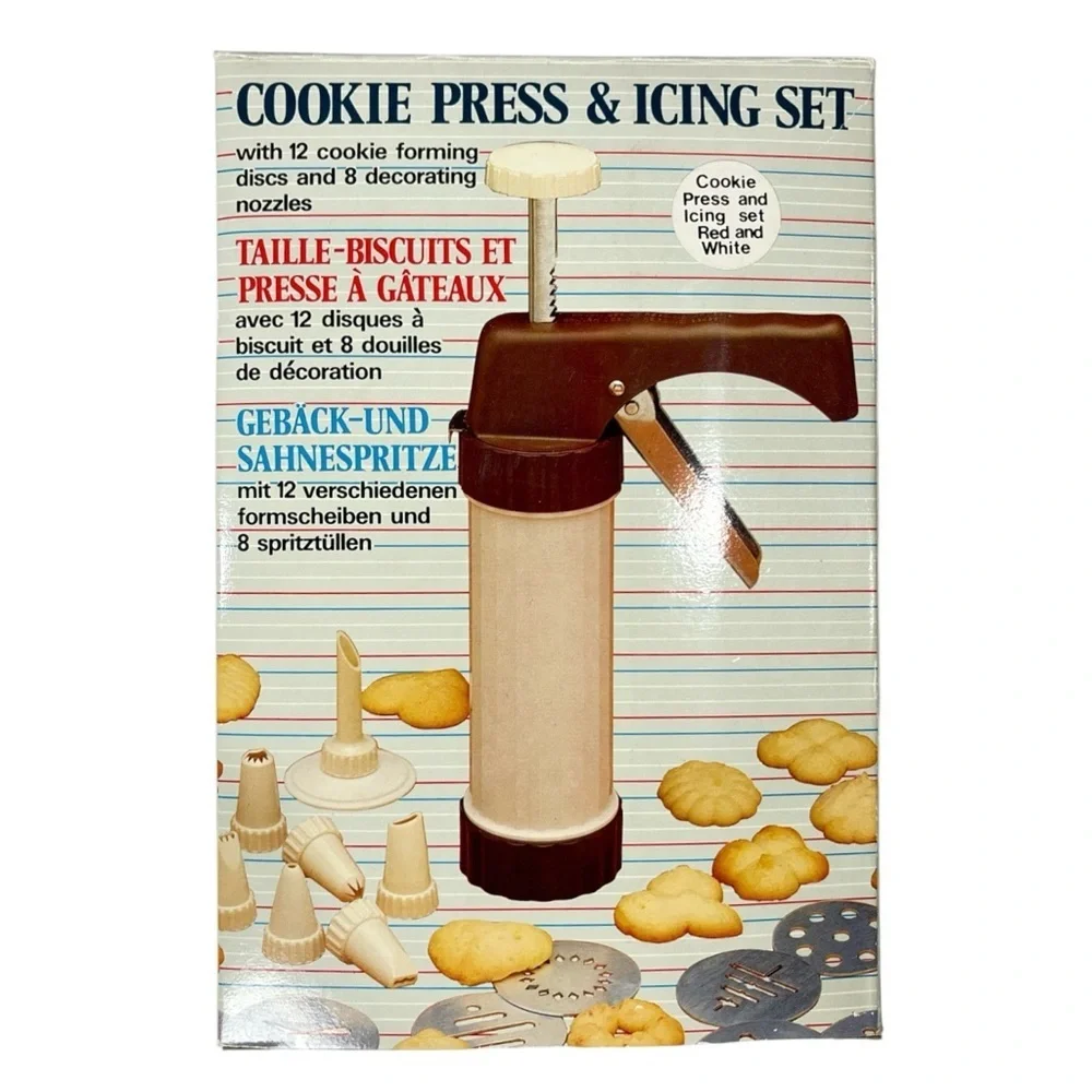 New Vintage Cookie Press Icing Set 12 Discs 8 Tips Pastry Cake Decorating
